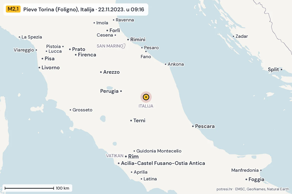 Karta: šire područje, 600 km, potres M2,1, Pieve Torina (Foligno), Italija, 22.11.2023.