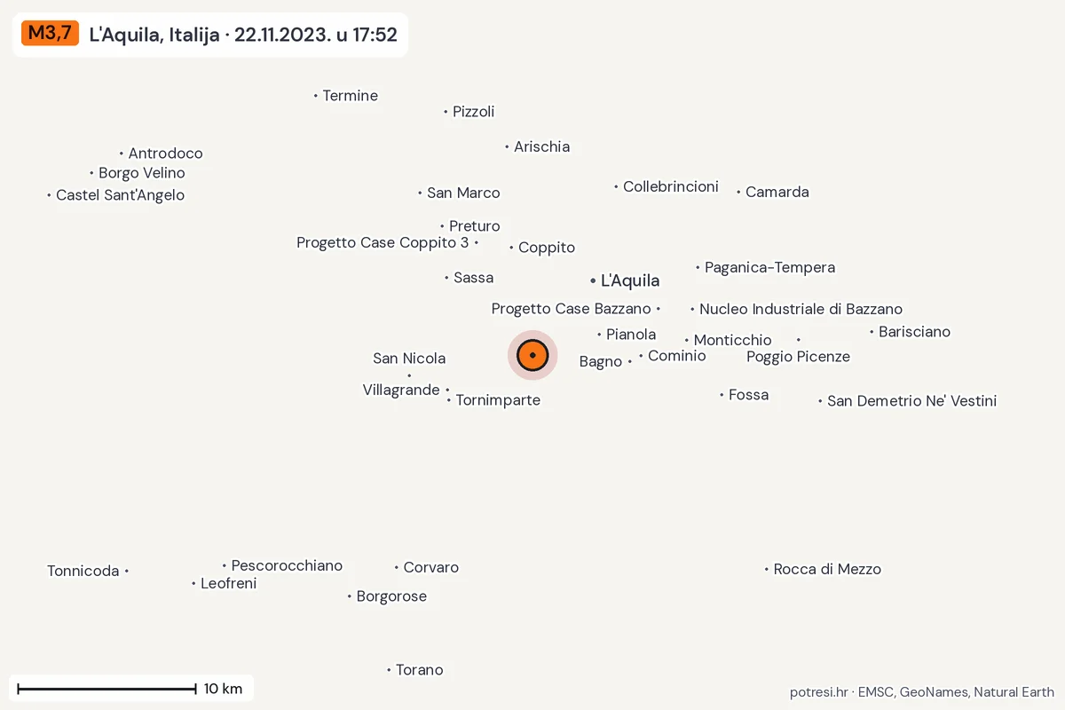 Karta: okolica epicentra, 60 km, potres M3,7, L'Aquila, Italija, 22.11.2023.