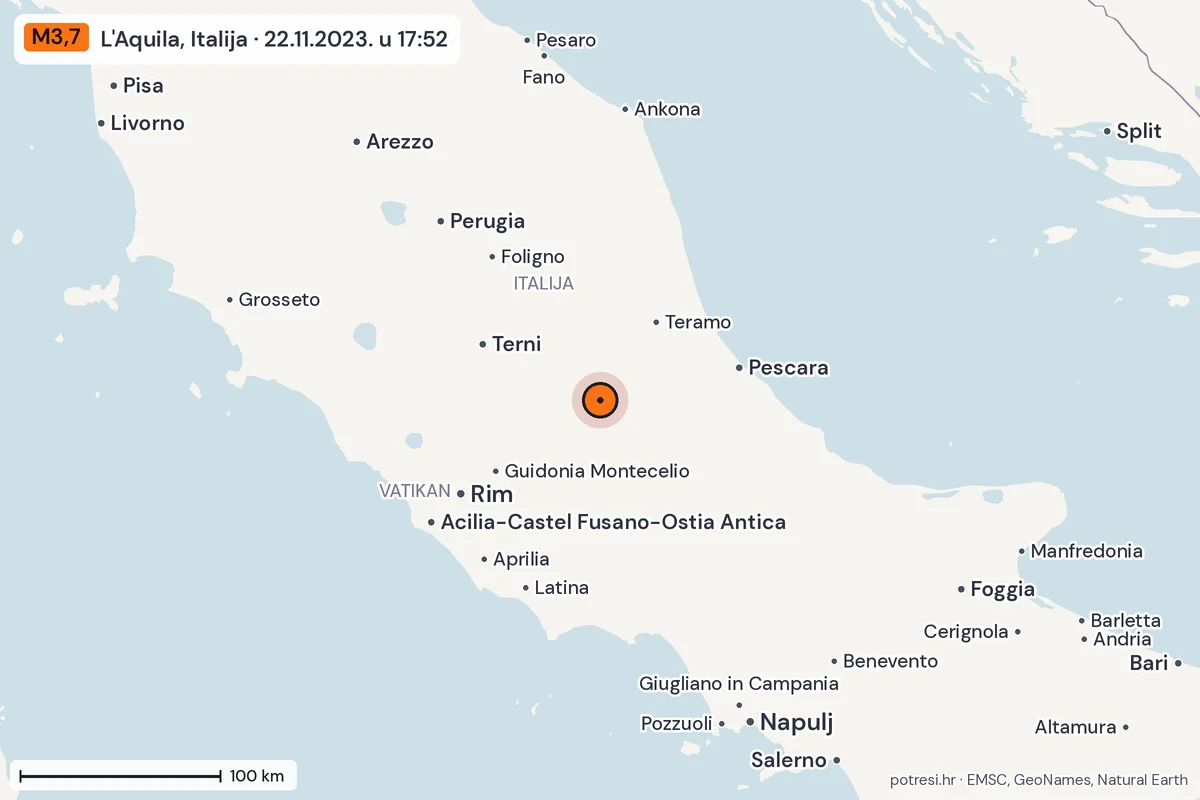 Karta: šire područje, 600 km, potres M3,7, L'Aquila, Italija, 22.11.2023.