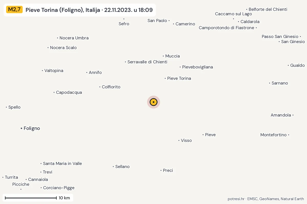 Karta: okolica epicentra, 60 km, potres M2,7, Pieve Torina (Foligno), Italija, 22.11.2023.