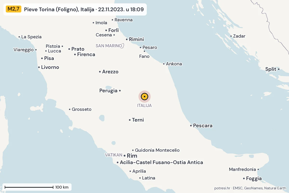 Karta: šire područje, 600 km, potres M2,7, Pieve Torina (Foligno), Italija, 22.11.2023.