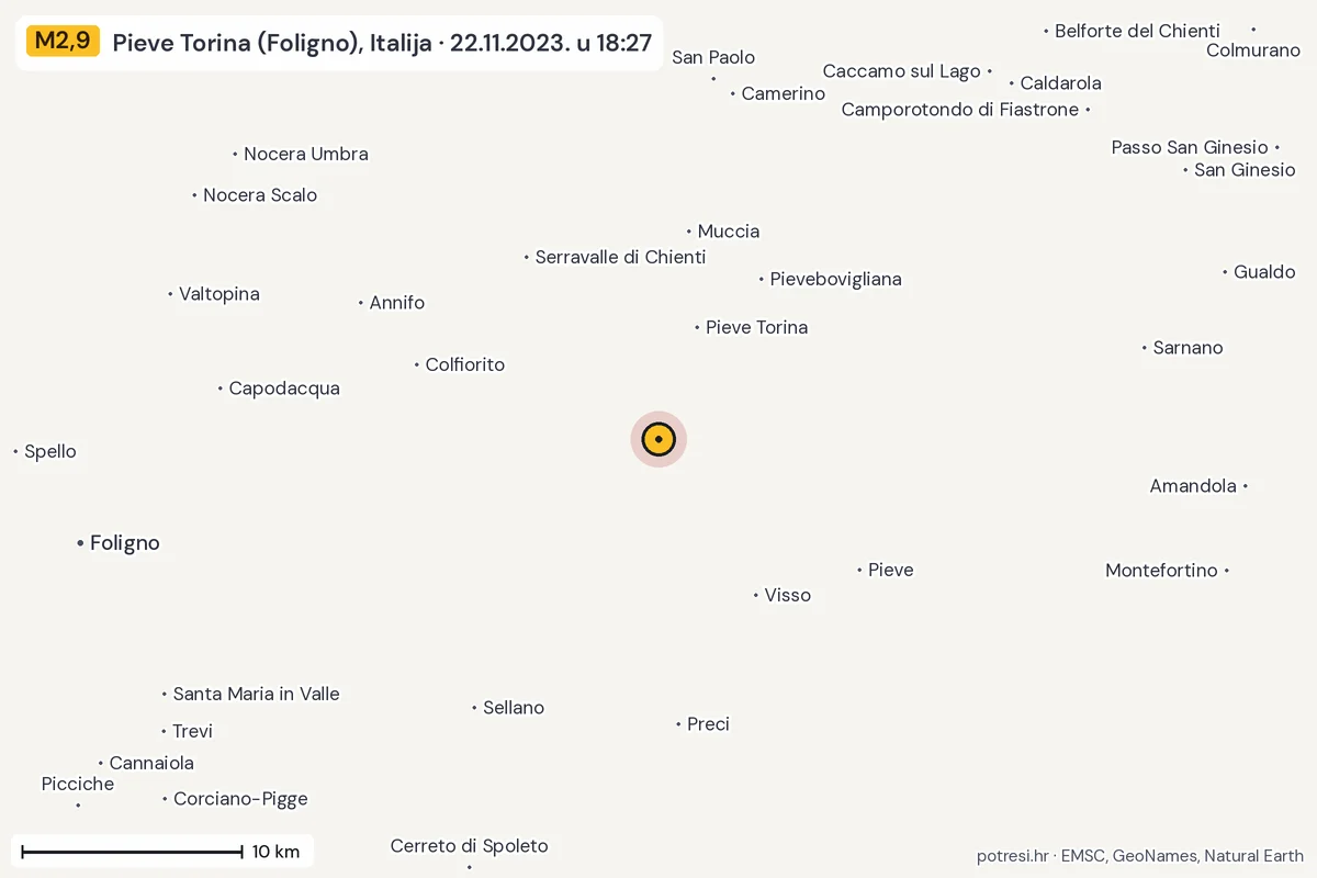 Karta: okolica epicentra, 60 km, potres M2,9, Pieve Torina (Foligno), Italija, 22.11.2023.