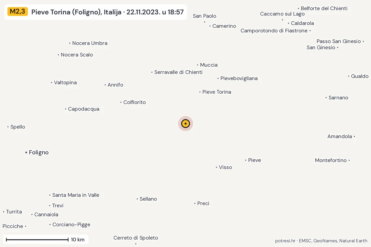 Karta: okolica epicentra, 60 km, potres M2,3, Pieve Torina (Foligno), Italija, 22.11.2023.