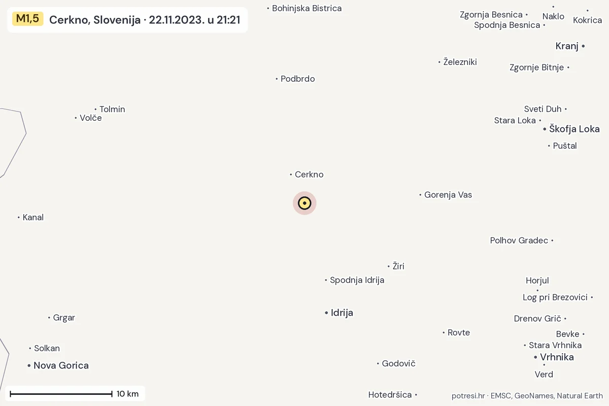 Karta: okolica epicentra, 60 km, potres M1,5, Cerkno, Slovenija, 22.11.2023.