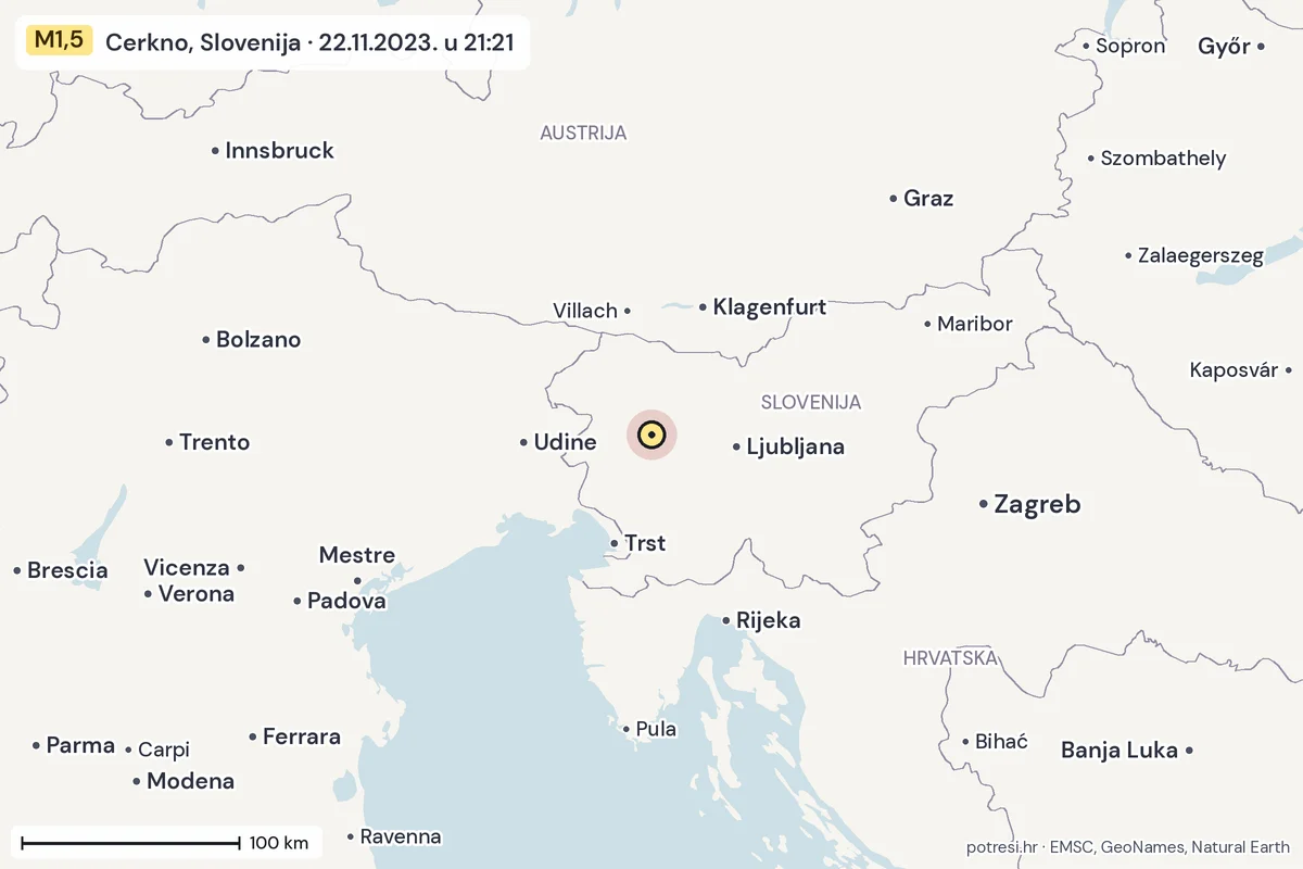 Karta: šire područje, 600 km, potres M1,5, Cerkno, Slovenija, 22.11.2023.