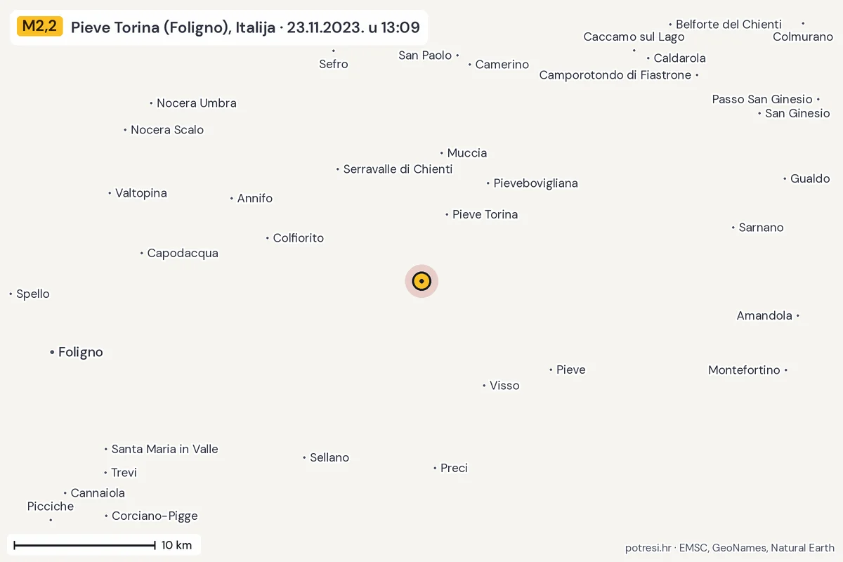 Karta: okolica epicentra, 60 km, potres M2,2, Pieve Torina (Foligno), Italija, 23.11.2023.