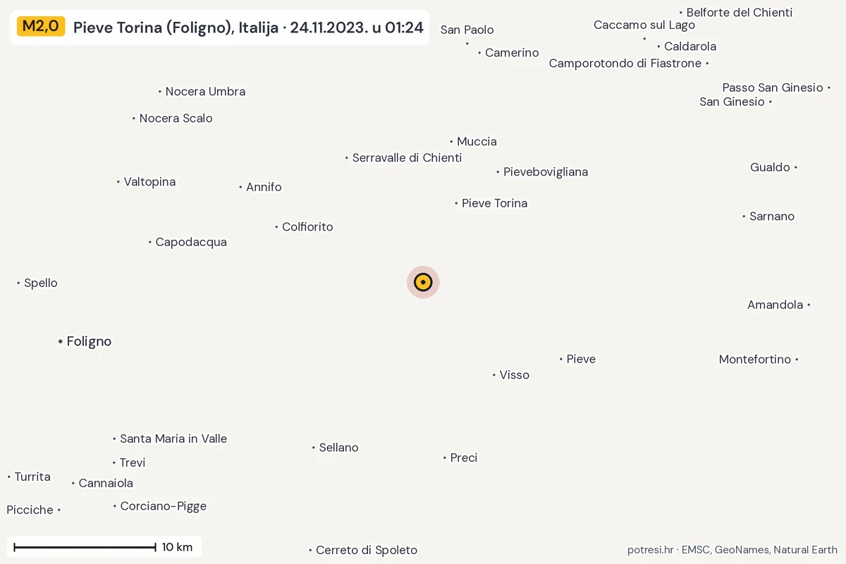Karta: okolica epicentra, 60 km, potres M2,0, Pieve Torina (Foligno), Italija, 24.11.2023.