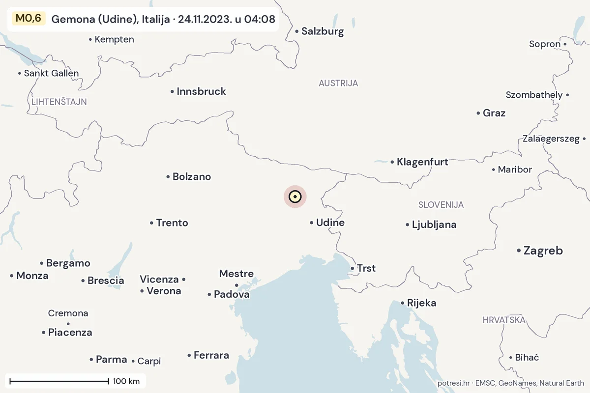 Karta: šire područje, 600 km, potres M0,6, Gemona (Udine), Italija, 24.11.2023.