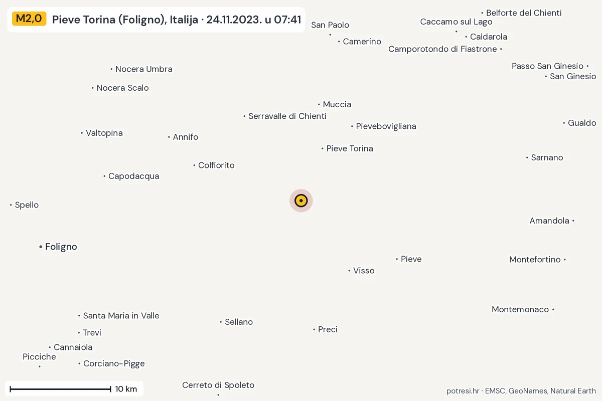Karta: okolica epicentra, 60 km, potres M2,0, Pieve Torina (Foligno), Italija, 24.11.2023.