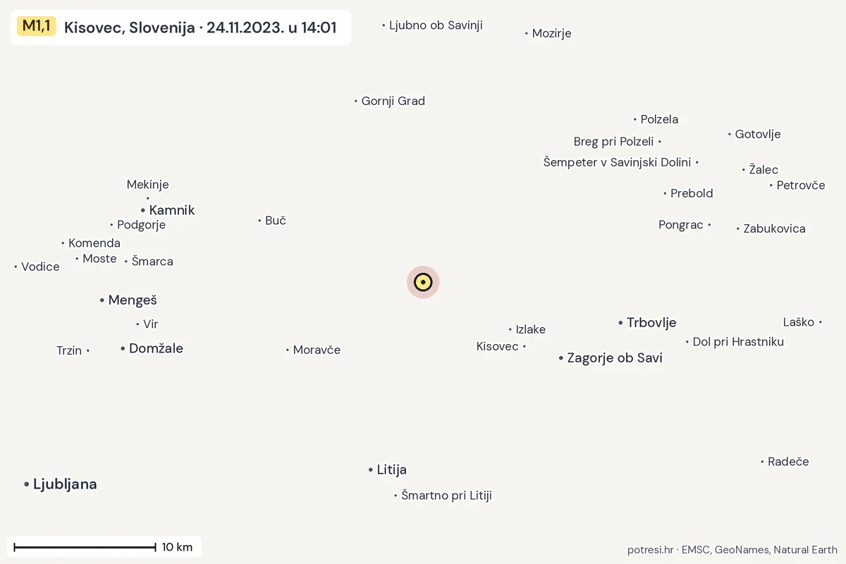 Karta: okolica epicentra, 60 km, potres M1,1, Kisovec, Slovenija, 24.11.2023.