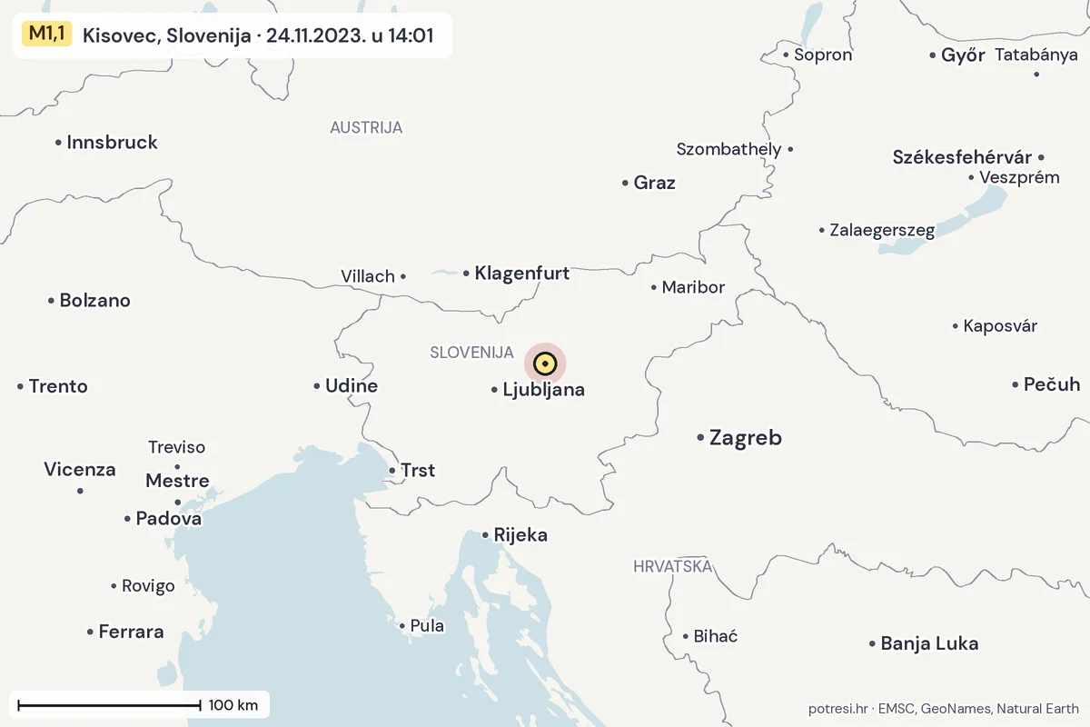 Karta: šire područje, 600 km, potres M1,1, Kisovec, Slovenija, 24.11.2023.