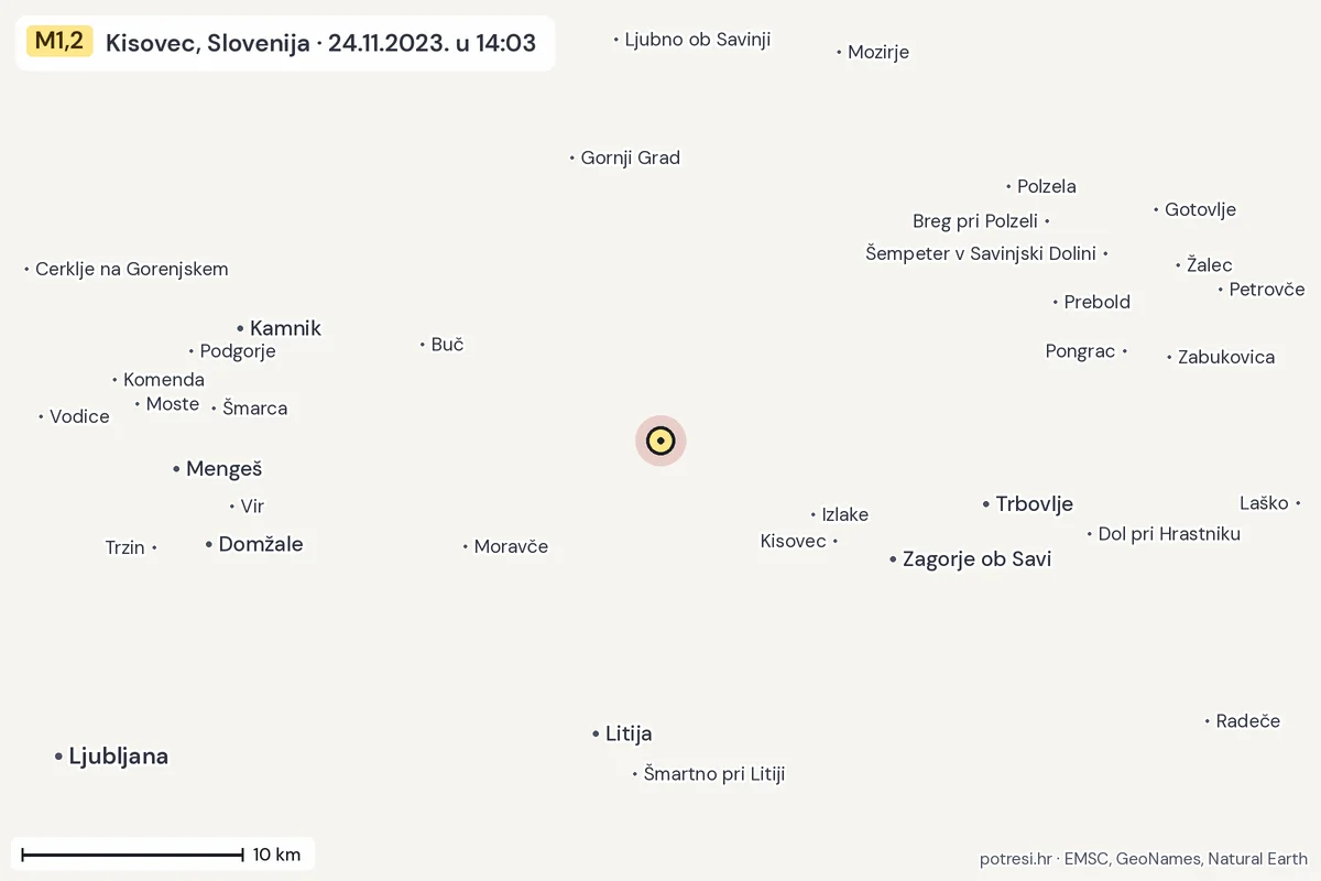Karta: okolica epicentra, 60 km, potres M1,2, Kisovec, Slovenija, 24.11.2023.