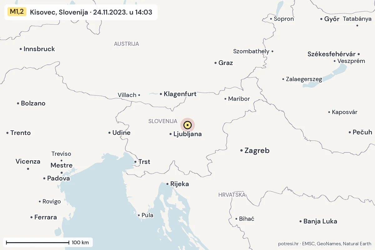 Karta: šire područje, 600 km, potres M1,2, Kisovec, Slovenija, 24.11.2023.