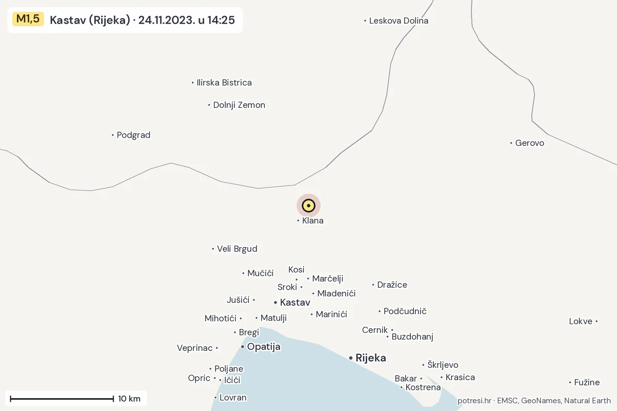 Karta: okolica epicentra, 60 km, potres M1,5, Kastav (Rijeka), 24.11.2023.