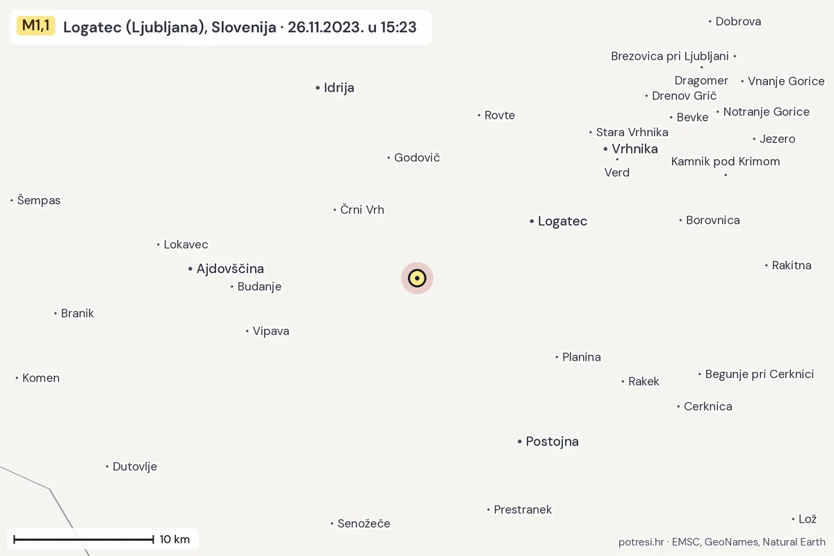 Karta: okolica epicentra, 60 km, potres M1,1, Logatec (Ljubljana), Slovenija, 26.11.2023.