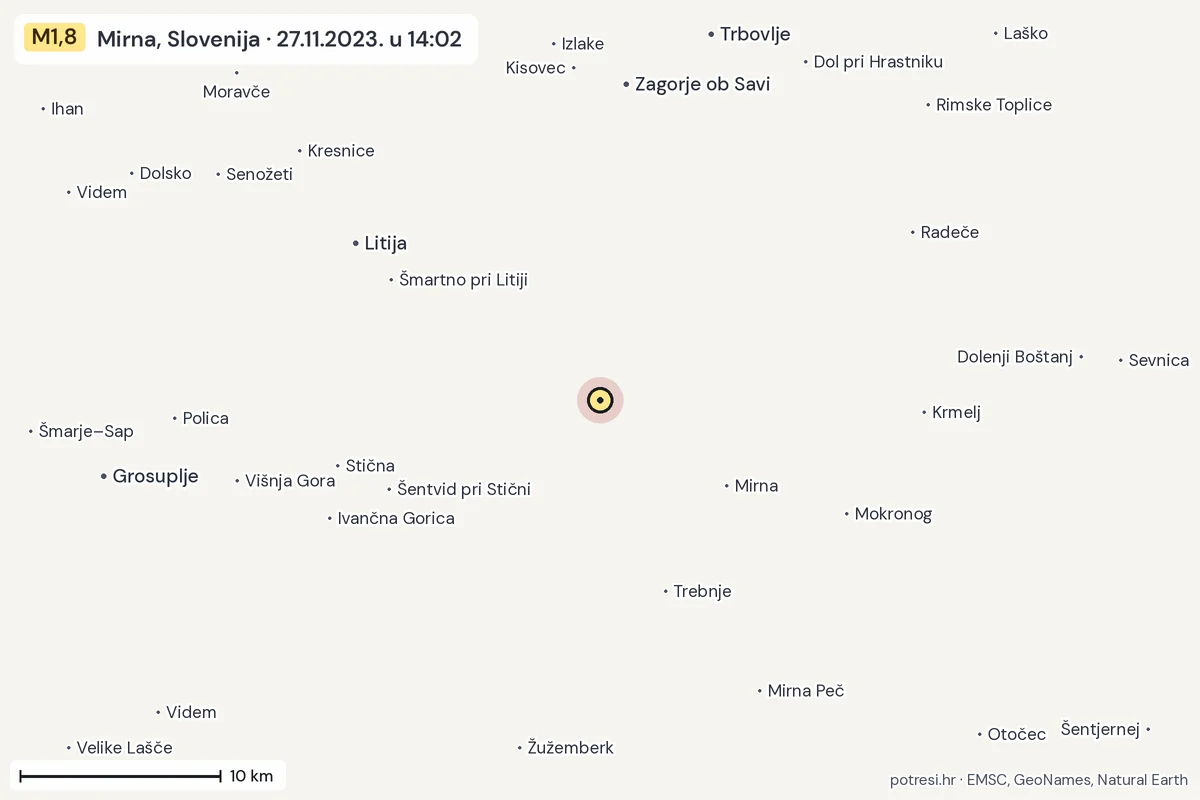 Karta: okolica epicentra, 60 km, potres M1,8, Mirna, Slovenija, 27.11.2023.