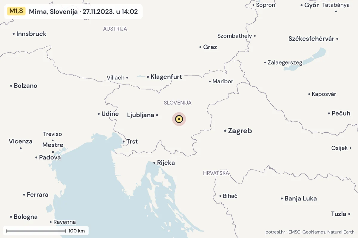 Karta: šire područje, 600 km, potres M1,8, Mirna, Slovenija, 27.11.2023.