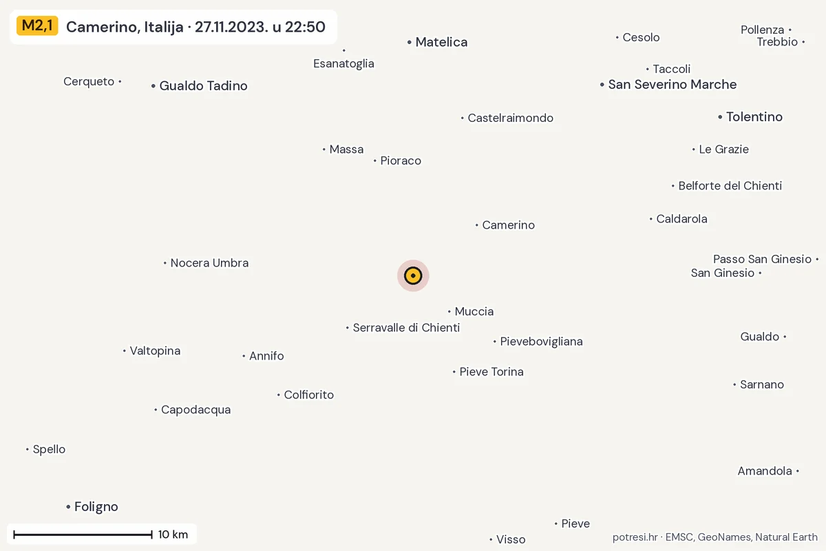 Karta: okolica epicentra, 60 km, potres M2,1, Camerino, Italija, 27.11.2023.