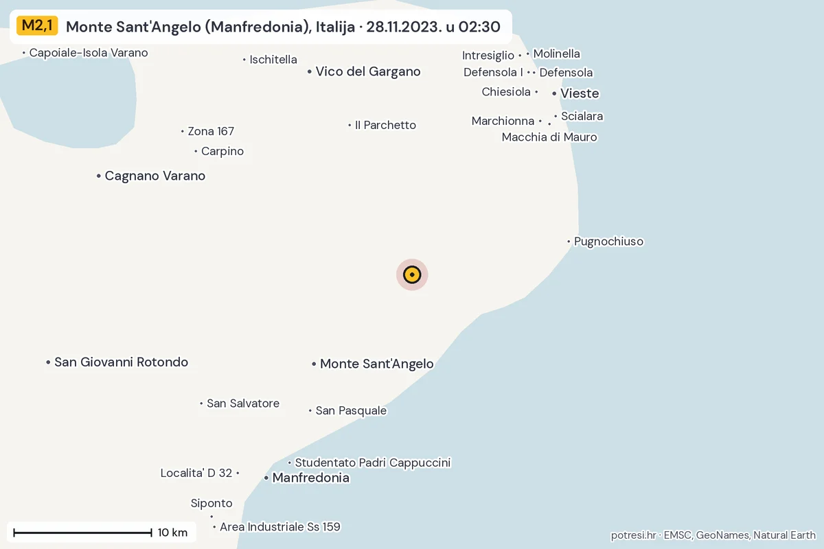 Karta: okolica epicentra, 60 km, potres M2,1, Monte Sant'Angelo (Manfredonia), Italija, 28.11.2023.