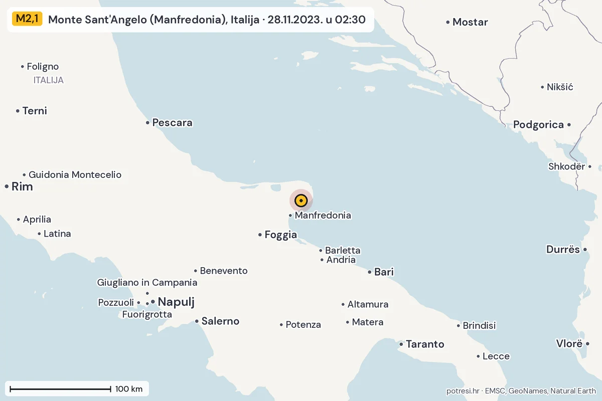 Karta: šire područje, 600 km, potres M2,1, Monte Sant'Angelo (Manfredonia), Italija, 28.11.2023.