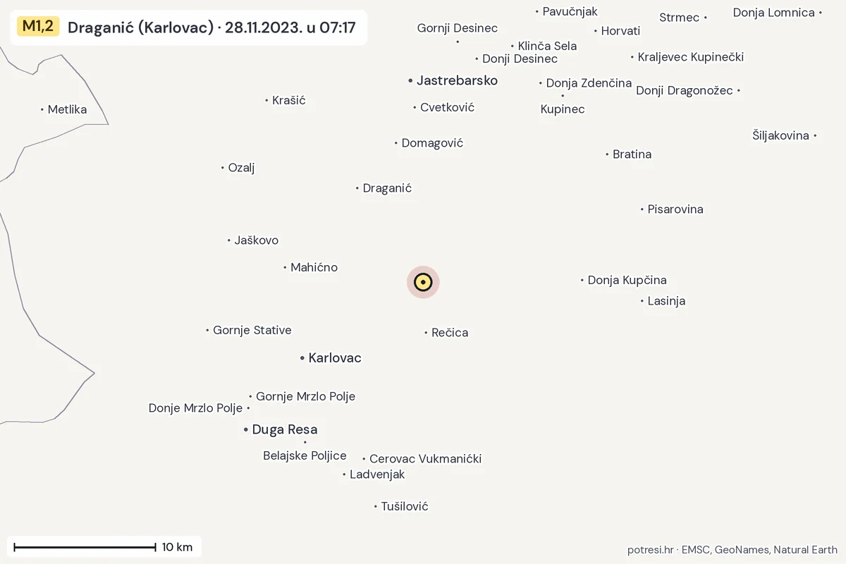 Karta: okolica epicentra, 60 km, potres M1,2, Draganić (Karlovac), 28.11.2023.