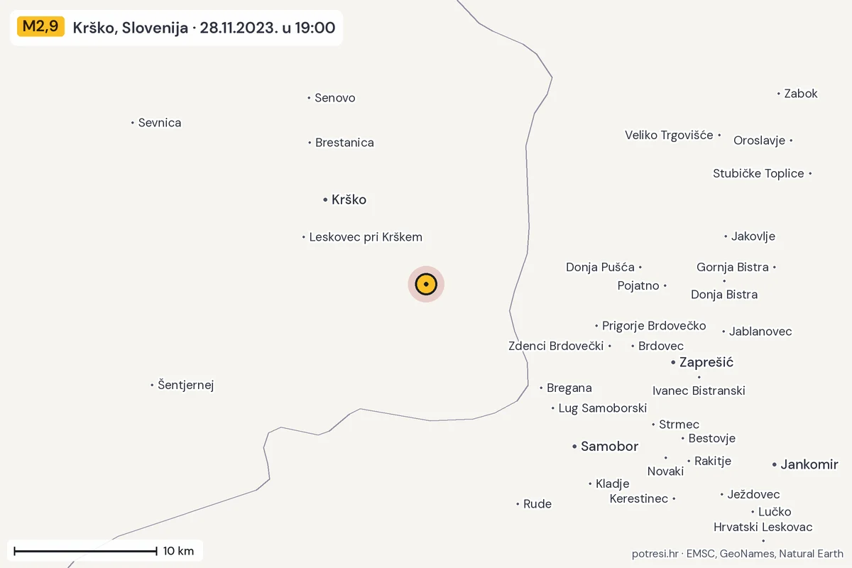 Karta: okolica epicentra, 60 km, potres M2,9, Krško, Slovenija, 28.11.2023.