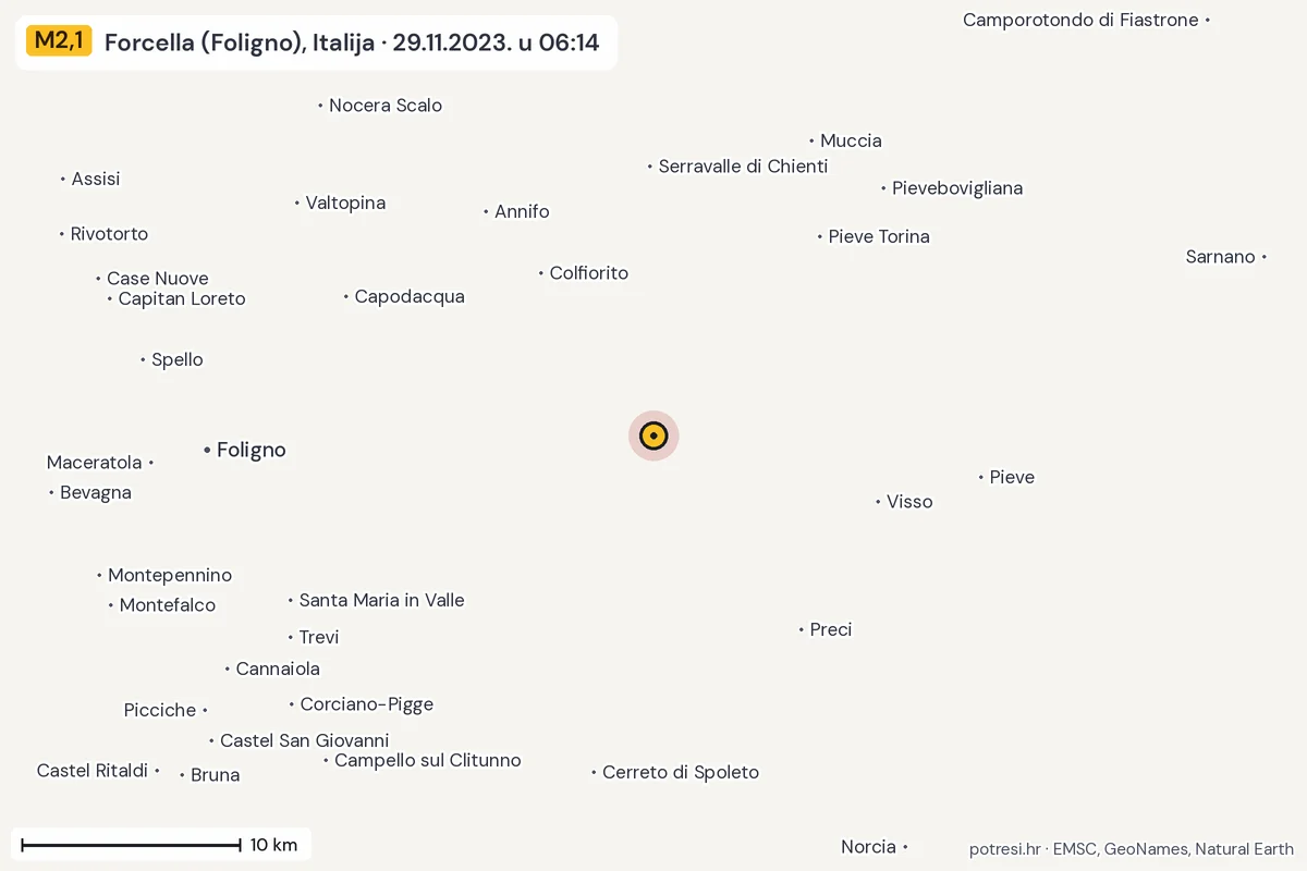 Karta: okolica epicentra, 60 km, potres M2,1, Forcella (Foligno), Italija, 29.11.2023.