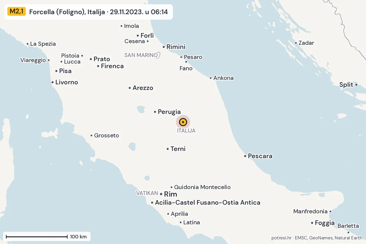 Karta: šire područje, 600 km, potres M2,1, Forcella (Foligno), Italija, 29.11.2023.