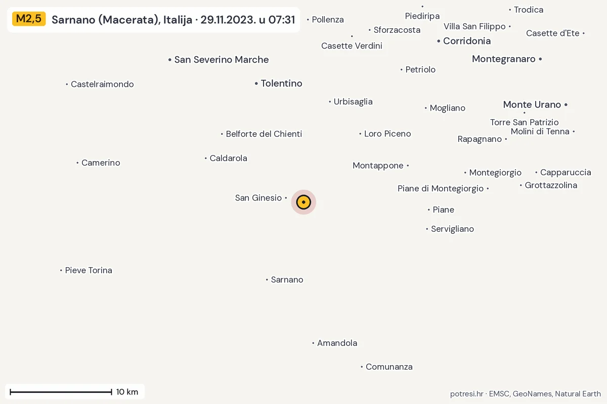 Karta: okolica epicentra, 60 km, potres M2,5, Sarnano (Macerata), Italija, 29.11.2023.