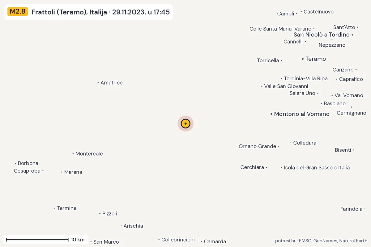 Karta: okolica epicentra, 60 km, potres M2,8, Frattoli (Teramo), Italija, 29.11.2023.