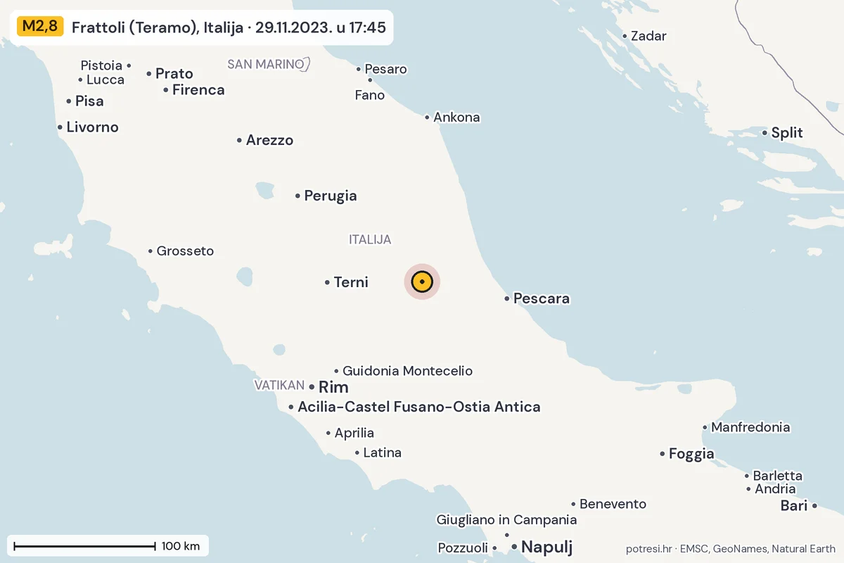 Karta: šire područje, 600 km, potres M2,8, Frattoli (Teramo), Italija, 29.11.2023.