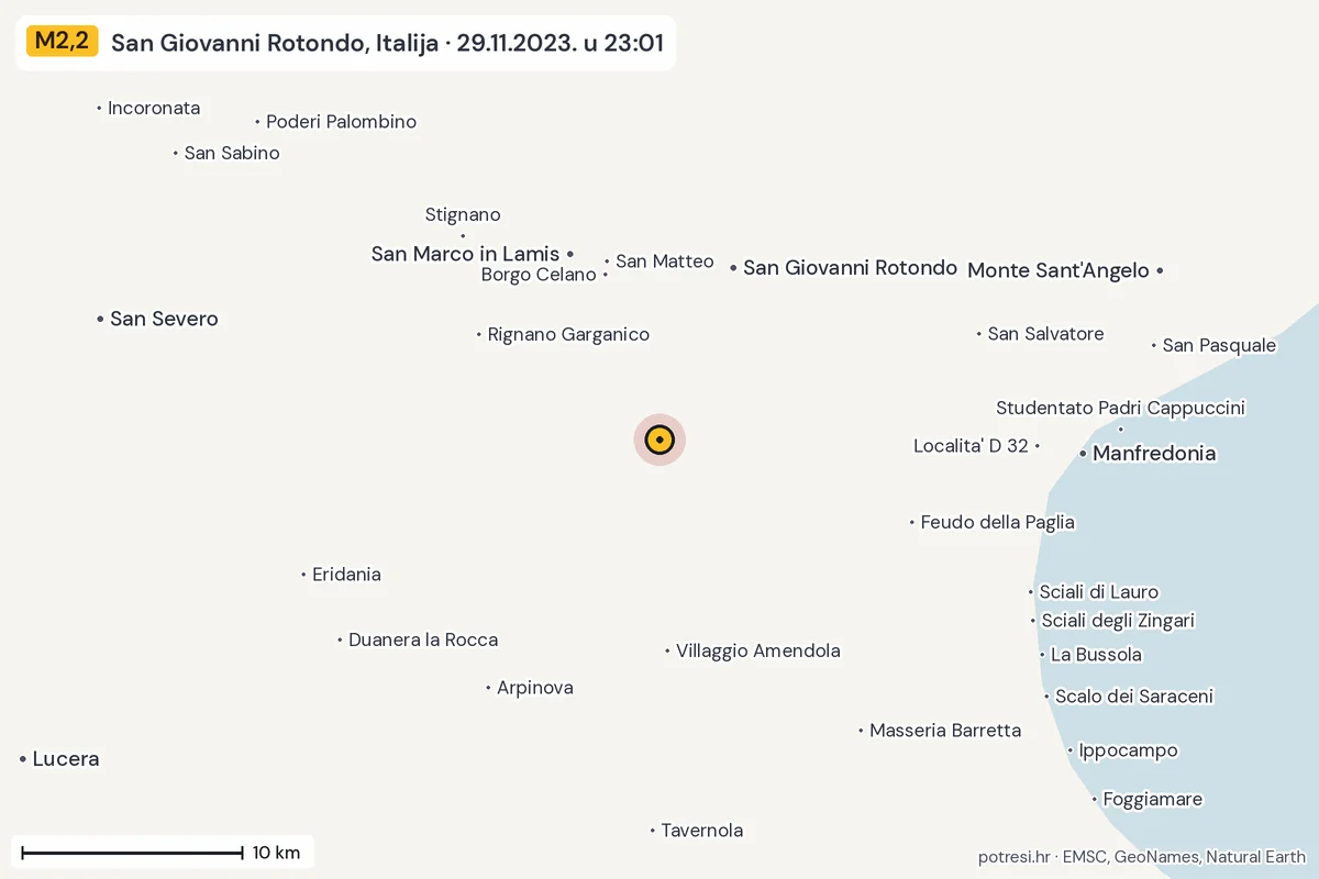 Karta: okolica epicentra, 60 km, potres M2,2, San Giovanni Rotondo, Italija, 29.11.2023.