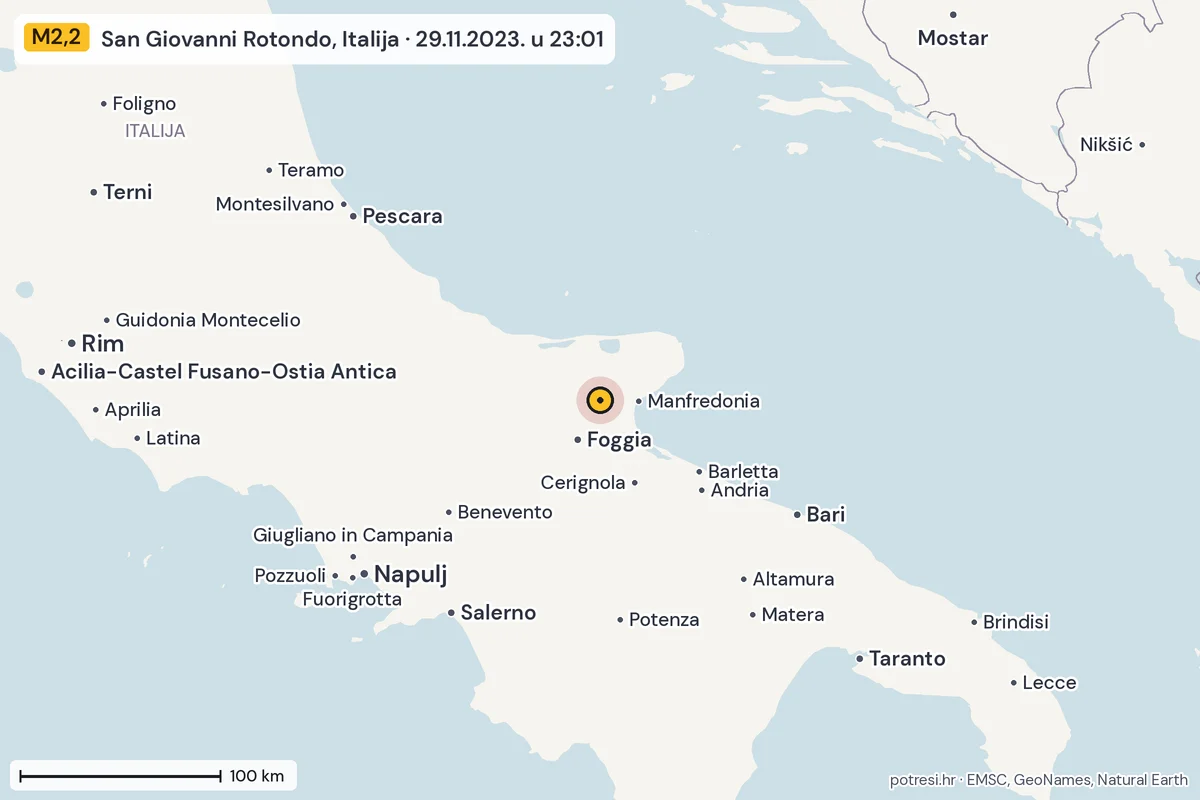 Karta: šire područje, 600 km, potres M2,2, San Giovanni Rotondo, Italija, 29.11.2023.