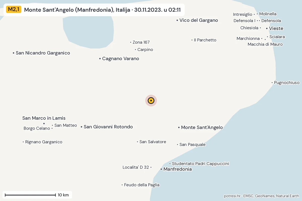 Karta: okolica epicentra, 60 km, potres M2,1, Monte Sant'Angelo (Manfredonia), Italija, 30.11.2023.