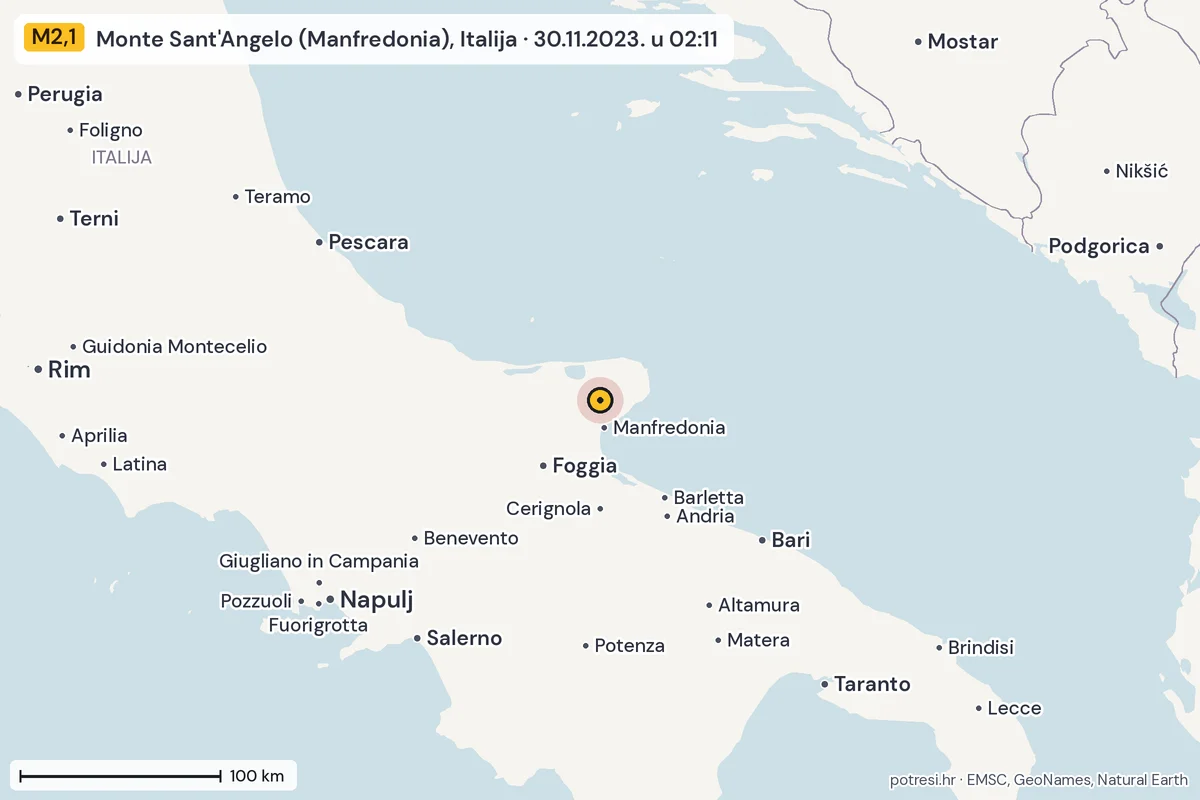 Karta: šire područje, 600 km, potres M2,1, Monte Sant'Angelo (Manfredonia), Italija, 30.11.2023.