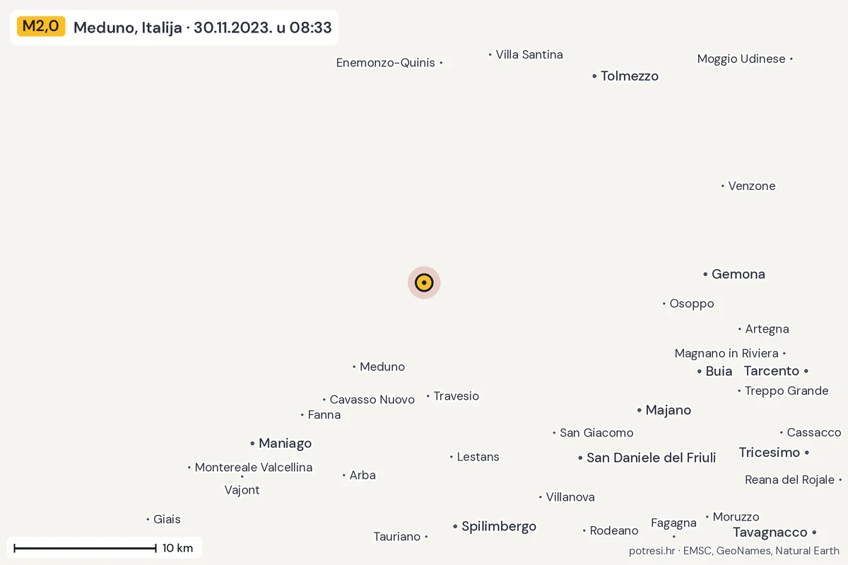 Karta: okolica epicentra, 60 km, potres M2,0, Meduno, Italija, 30.11.2023.
