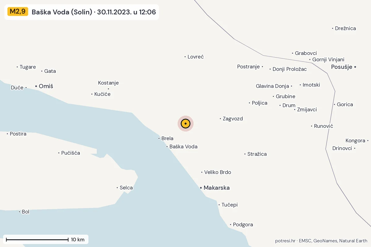 Karta: okolica epicentra, 60 km, potres M2,9, Baška Voda (Solin), 30.11.2023.