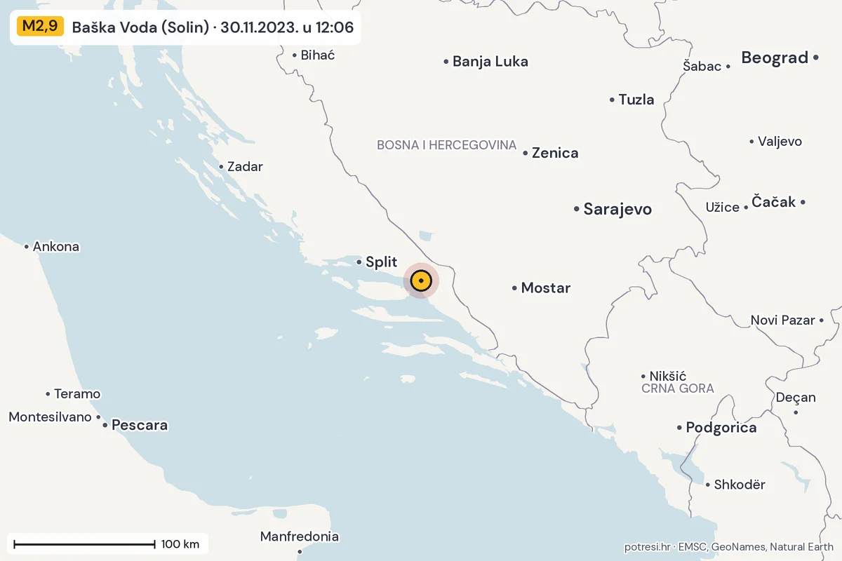 Karta: šire područje, 600 km, potres M2,9, Baška Voda (Solin), 30.11.2023.