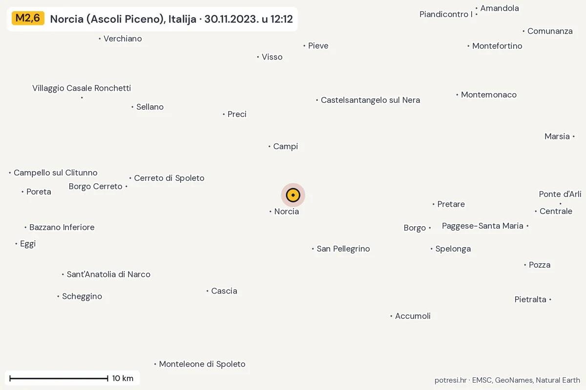 Karta: okolica epicentra, 60 km, potres M2,6, Norcia (Ascoli Piceno), Italija, 30.11.2023.