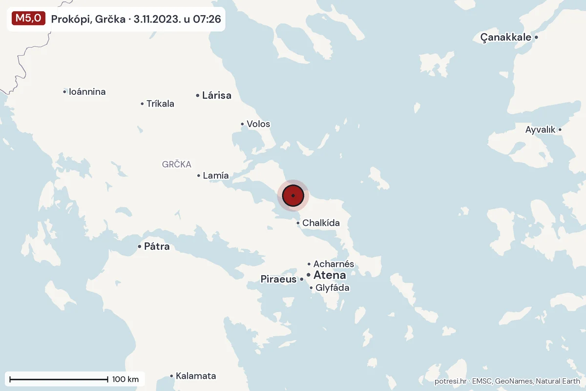 Karta: šire područje, 600 km, potres M5,0, Prokópi, Grčka, 3.11.2023.