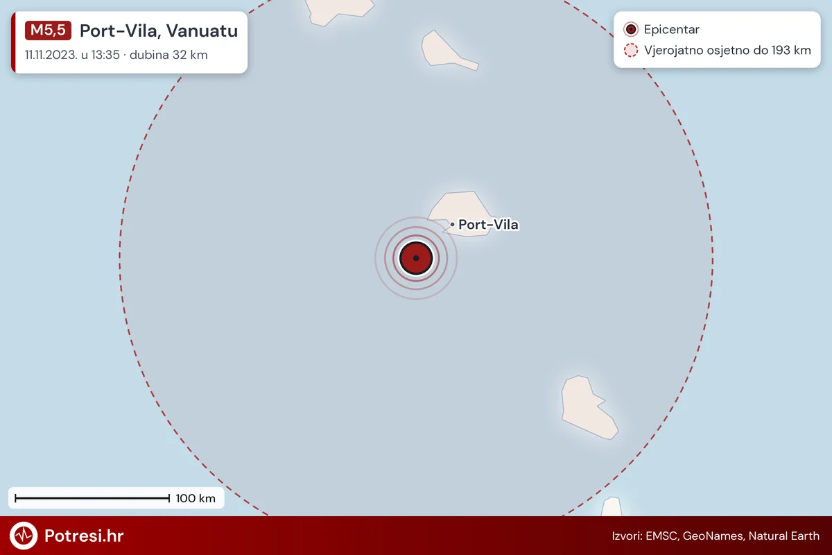 Karta: šire područje i vjerojatni doseg osjeta, potres M5,5, Port-Vila, Vanuatu, 11.11.2023.