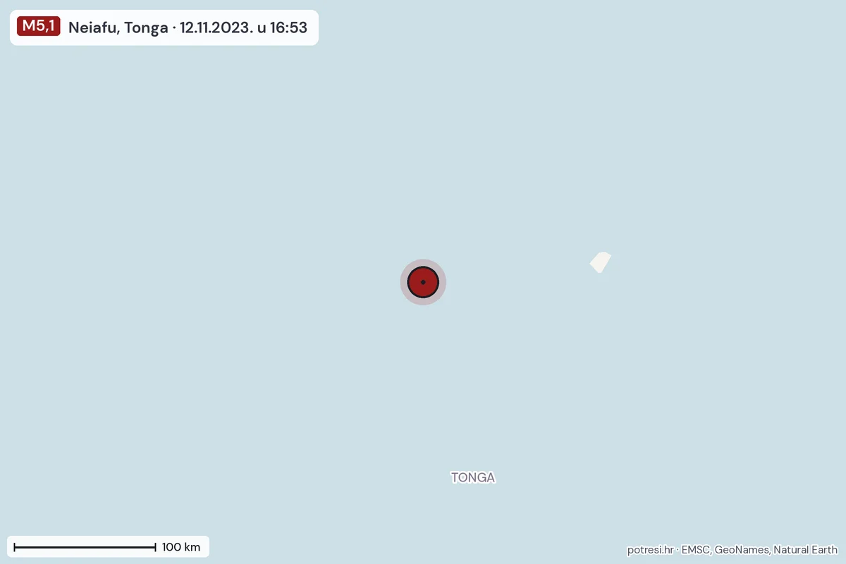 Karta: šire područje, 600 km, potres M5,1, Neiafu, Tonga, 12.11.2023.