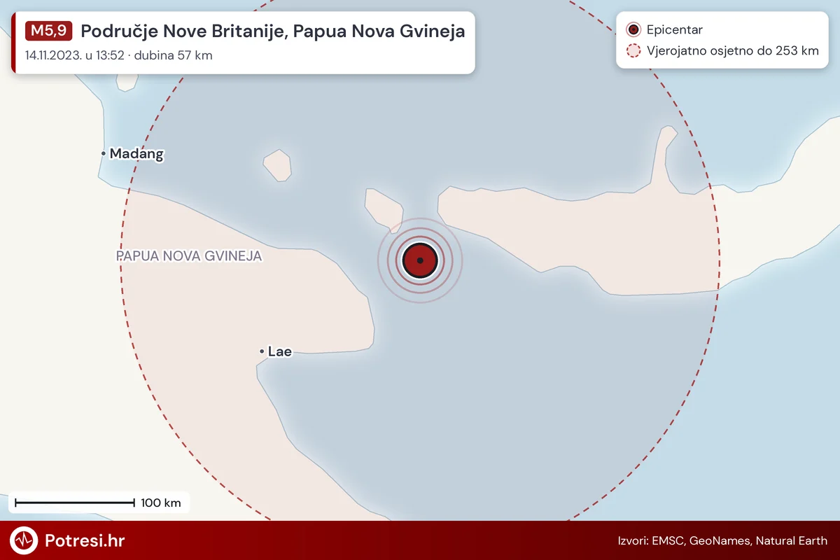 Karta: šire područje i vjerojatni doseg osjeta, potres M5,9, Područje Nove Britanije, Papua Nova Gvineja, 14.11.2023.