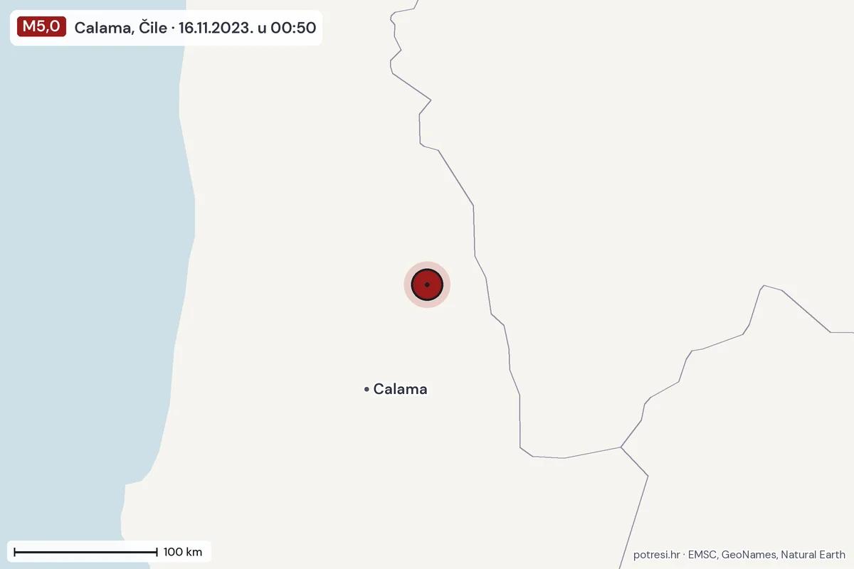 Karta: šire područje, 600 km, potres M5,0, Calama, Čile, 16.11.2023.