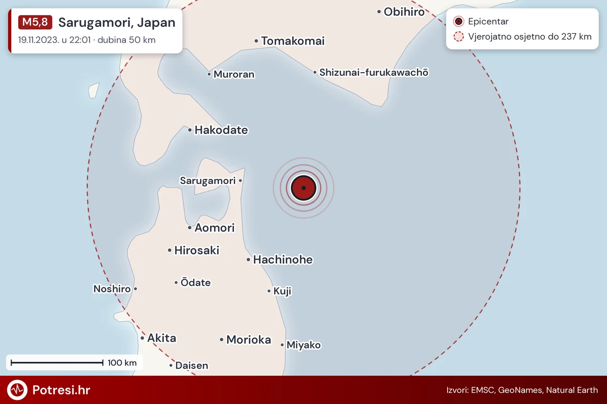 Karta: šire područje i vjerojatni doseg osjeta, potres M5,8, Sarugamori, Japan, 19.11.2023.
