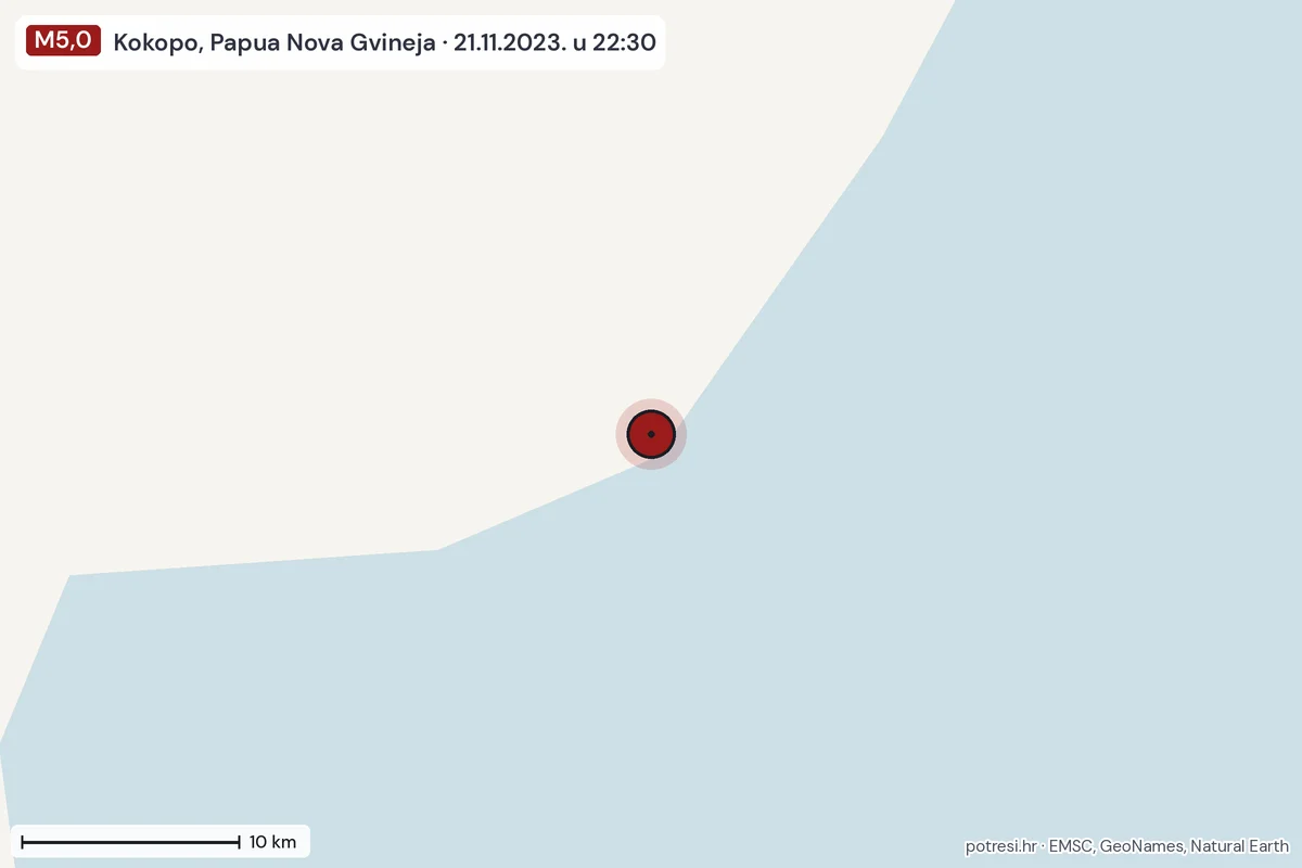 Karta: okolica epicentra, 60 km, potres M5,0, Kokopo, Papua Nova Gvineja, 21.11.2023.