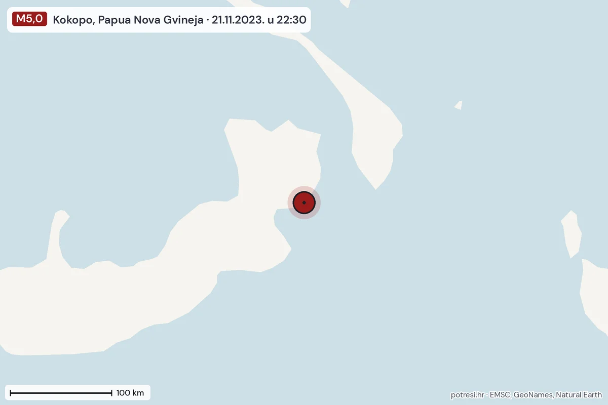 Karta: šire područje, 600 km, potres M5,0, Kokopo, Papua Nova Gvineja, 21.11.2023.