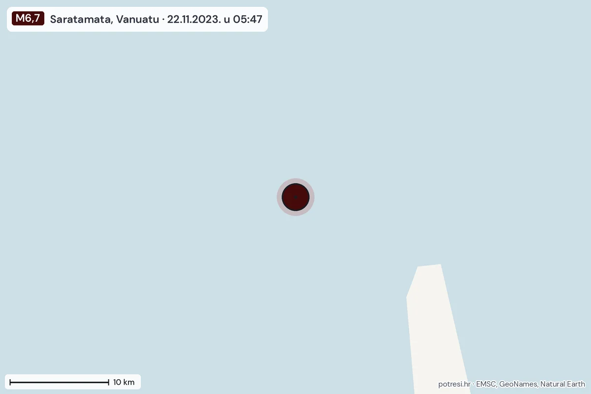 Karta: okolica epicentra, 60 km, potres M6,7, Saratamata, Vanuatu, 22.11.2023.