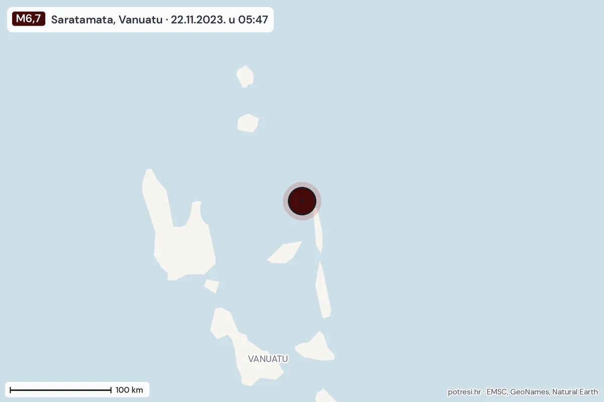 Karta: šire područje, 600 km, potres M6,7, Saratamata, Vanuatu, 22.11.2023.