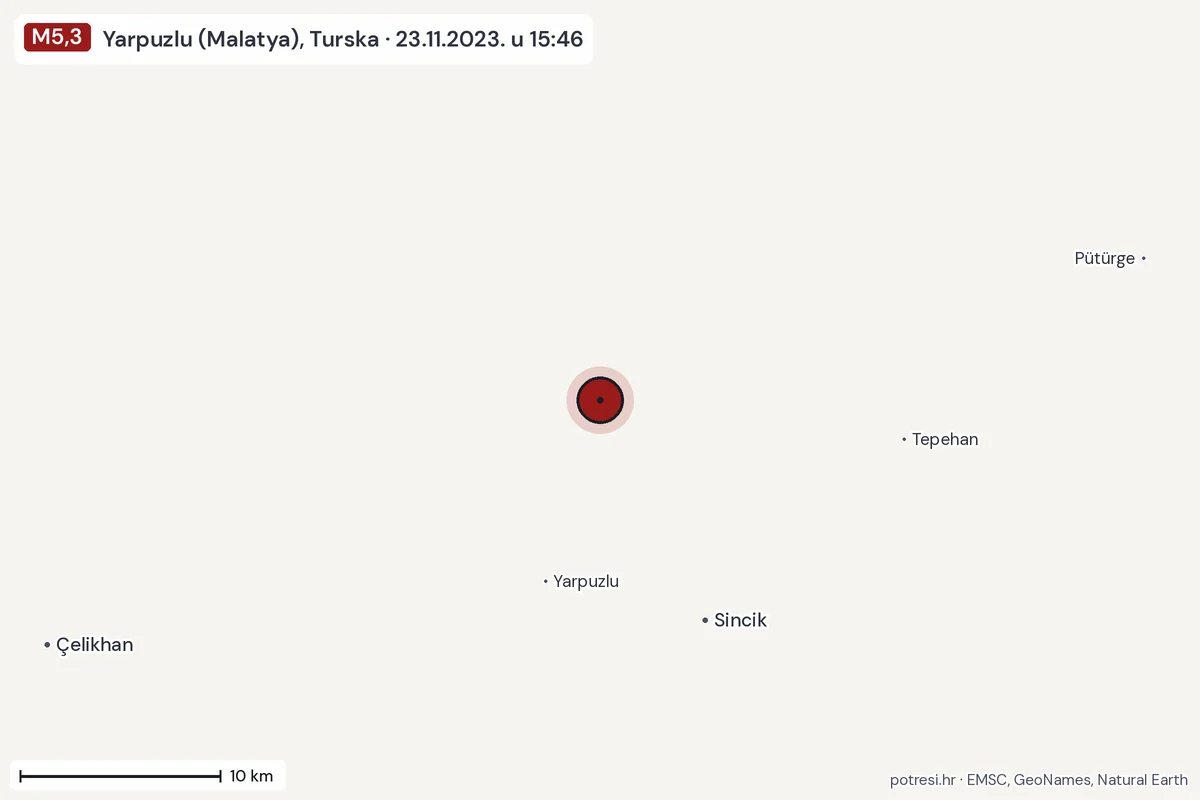 Karta: okolica epicentra, 60 km, potres M5,3, Yarpuzlu (Malatya), Turska, 23.11.2023.